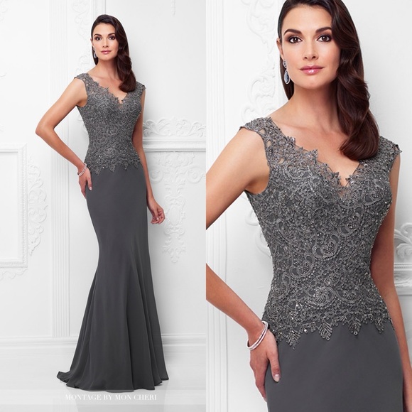 Montage by Mon Cheri Charcoal Lace Gown - Picture 2 of 8